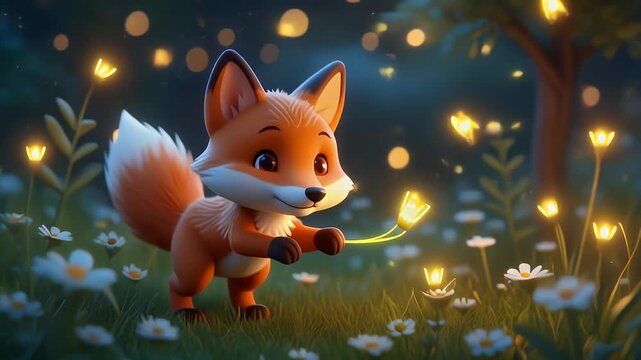 Cartoon fox in a whimsical forest setting with flowers and magical lights