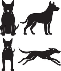 Black and White Dog Silhouette on White Background
Standing, Sitting, and Running Dog Silhouette Illustration