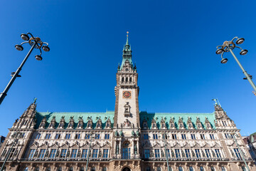 Hamburg City Hall in Germany, a grand Neo-Renaissance building with its prominent tower and...