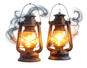  Floating Miniature Magic Lantern Duo with Spiraling Smoke Swirls, Dynamic Angle, Transparent PNG