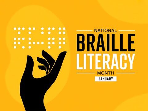 Celebrating national braille literacy month with a hand reaching towards braille dots and text