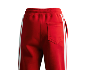 Red track pants with white stripes and a back pocket