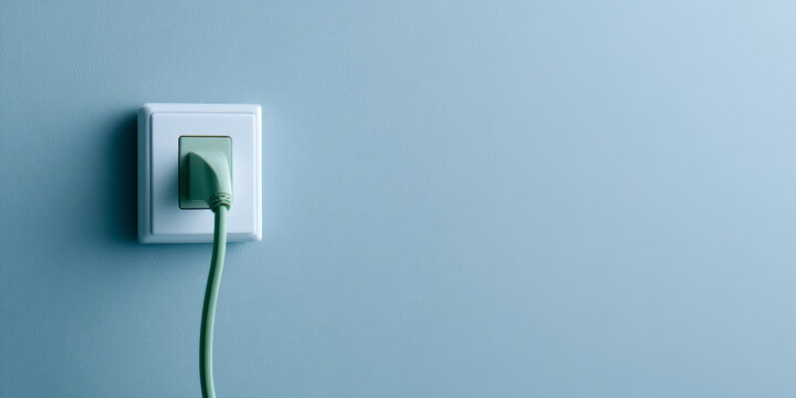 A green Ethernet cable plugged into a white electrical outlet on a blue wall