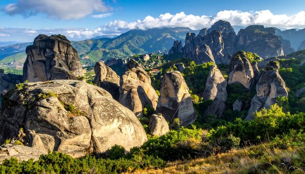 Rocky monoliths rise amidst green hills, under a blue sky dotted with clouds in a panoramic vista