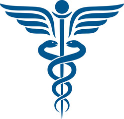 Classic caduceus symbol with wings and serpents, designed for medical websites, clinic branding, emergency services, and pharmaceutical packaging.