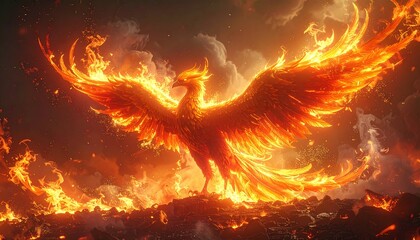 A majestic phoenix, ablaze with fiery wings, rising from flames against a cloudy sky.