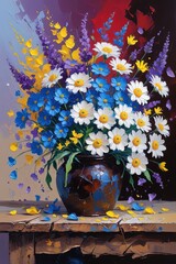 Impasto painting wildflowers in brown vase. Daisies, blue flowers, lavender, yellow blossoms, thick strokes. Wood, scattered petals, painterly red, purple, blue background. Poster, wallart.
