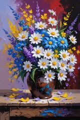 Impasto painting wildflowers in brown vase. Daisies, blue flowers, lavender, yellow blossoms, thick strokes. Wood, scattered petals, painterly red, purple, blue background. Poster, wallart.