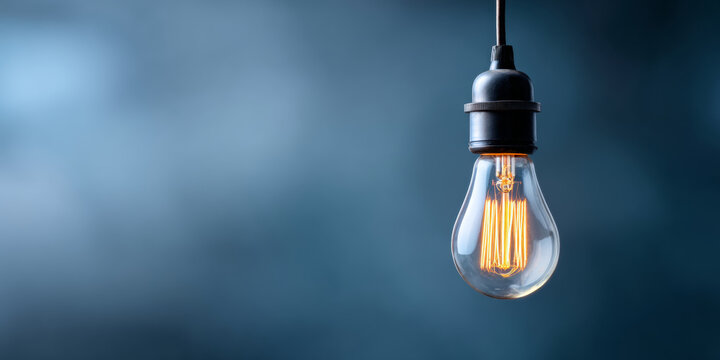 A vintage light bulb with a glowing filament suspended in the air against a blue background