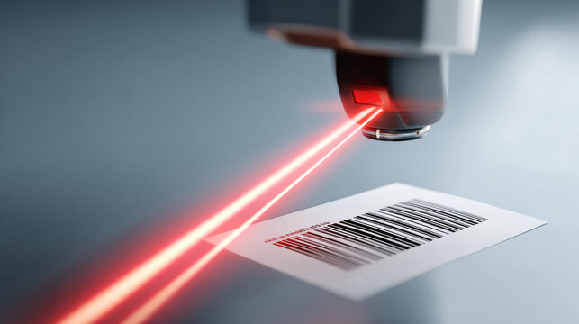A laser scanner is scanning a barcode on a piece of paper, creating red beams as it does so - Powered by Adobe