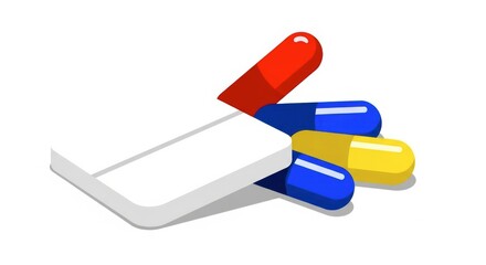 Colorful pills and capsule spilling from a white pill dispenser