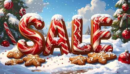 SALE" rendered in candy-cane letters, amidst snowy trees, gingerbread and ornaments. Winter promo illustration