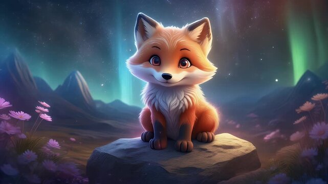 Cartoon fox sitting on a stone with colorful night sky background