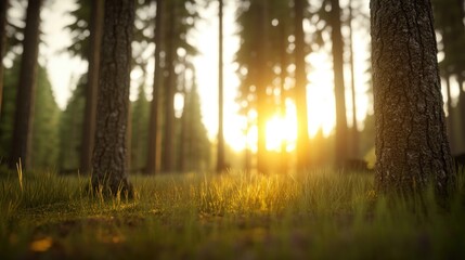 Faint sunlight breaks through pine branches, illuminating the forest floor. The sepia tones create a tranquil and warm atmosphere as day transitions to night