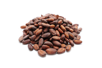 Fresh cacao beans on white background