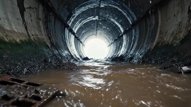 Water Flows Through Dark Concrete Tunnel With Bright Light at End