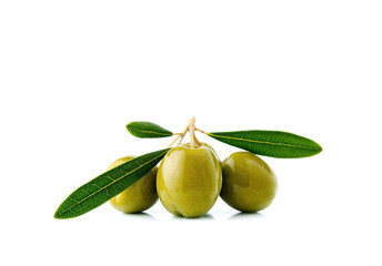 green olives with green leaves isolated on white background.