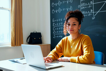 Portrait of young Black woman sitting at desk using laptop, smiling and looking into camera, chalkboard with mathematical equations in background, notebook and bag