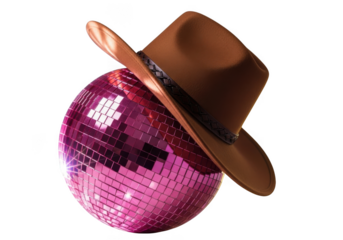 Funky pink disco ball with brown fedora hat party celebration vibe transparent background