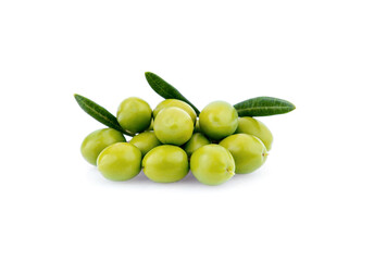 green olives with green leaves isolated on white background.