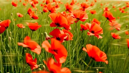 Obraz premium swaying. A field of red poppy flowers swaying gently in the wind. gardening catalogs, home-decor guides, designed for home decor and floral branding, used by architects.