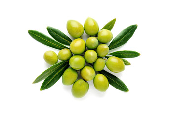 green olives with green leaves isolated on white background.