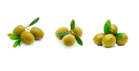 green olives with green leaves isolated on white background.