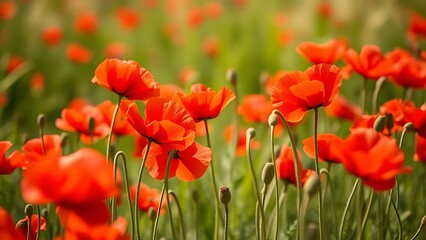 Fototapeta premium swaying. A field of red poppy flowers swaying gently in the wind. gardening catalogs, home-decor guides, designed for home decor and floral branding, used by architects.