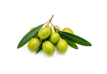 green olives with green leaves isolated on white background.