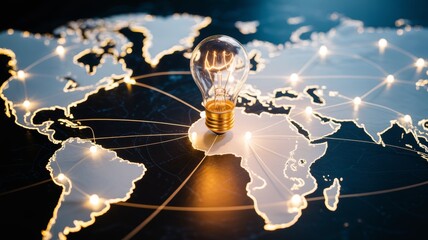 Clear glass incandescent light bulb with a glowing filament, standing prominently on a dark, matte surface.