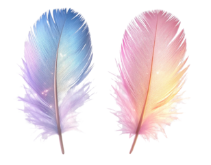 Tiny Mystical Feather Bundles with Soft Glow Aura, Side-by-Side Arrangement, Isolated on Transparent Background