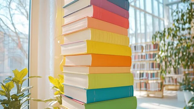 A colorful stack of books is arranged in a sunlit library space near green plants, creating a peaceful reading environment