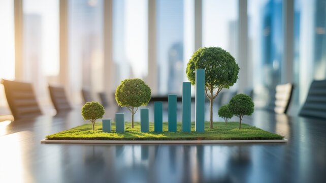 Miniature bar chart constructed of clean, blue geometric columns rising in increasing height, with a small, vibrant green tree growing from the top of each bar.