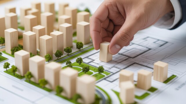 Architect meticulously placing a single, light colored wooden block onto a large architectural blueprint or city planning document.