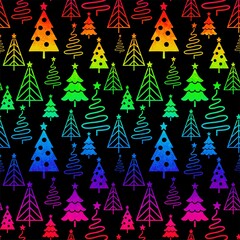 Colorful Rainbow Christmas Trees Seamless Pattern with Gradient Holiday Tree Shapes on Black Background Vibrant Festive Winter Design
