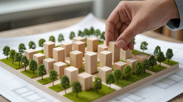 Architect meticulously placing a single, light colored wooden block onto a large architectural blueprint or city planning document.