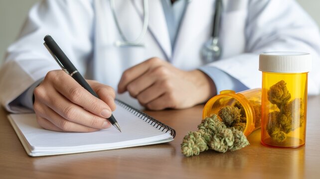 Medical professional are focused on writing notes or a prescription on a spiral-bound notepad with a black pen.