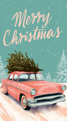 A charming retro scene features a pink 50s car driving through a snow-covered landscape. A decorated Christmas tree rests on the roof, creating a festive holiday atmosphere