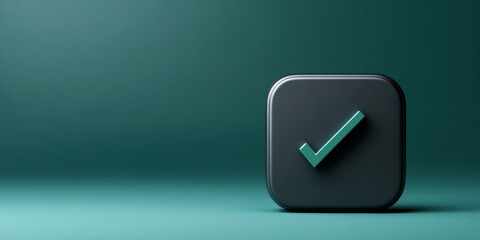 A dark grey, square button with a green check mark on it is shown against a teal background