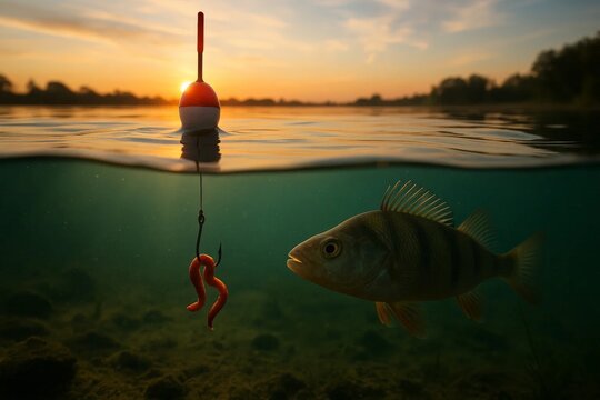 Underwater view of fish approaching baited hook with worm at sunset.
