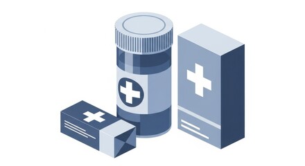 Isometric medical packaging and pill bottle with cross symbol