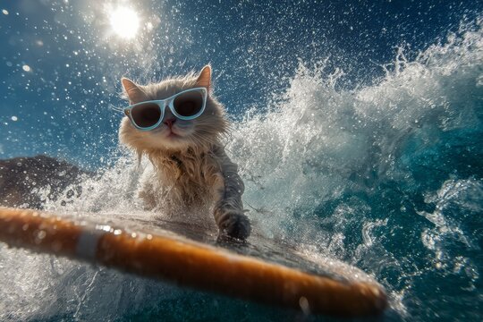 funny cat in sunglasses surfing on big wave with copy space