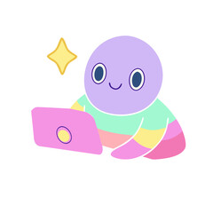 Obraz premium Cute cartoon character with purple head and rainbow striped shirt working on a pink laptop with a yellow star sparkle isolated on transparent background