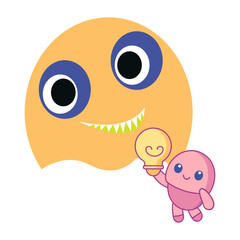 Cute pink creature holding a glowing lightbulb with a happy orange monster face in the background isolated on transparent background