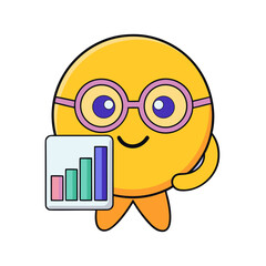 Cute yellow cartoon character wearing glasses holding a bar chart showing growth and progress isolated on transparent background