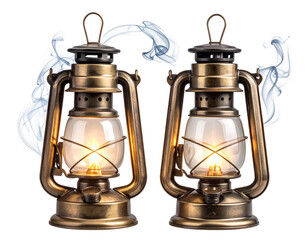  Tiny Vintage Lantern Pair with Thin Vertical Smoke Columns, Minimal Fantasy Style, Isolated Background