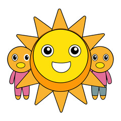 Obraz premium Happy cartoon sun character with two cute little friends standing beside it isolated on transparent background