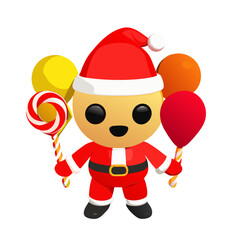Cute cartoon character dressed as santa claus holding a candy cane and balloons isolated on transparent background