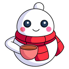 Cute cartoon ghost character wearing a red scarf and holding a cup of coffee isolated on transparent background