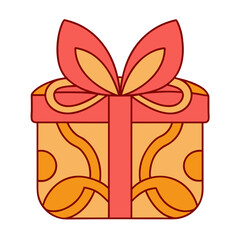 Stylized gift box with a ribbon and bow in warm orange and coral colors isolated on transparent background